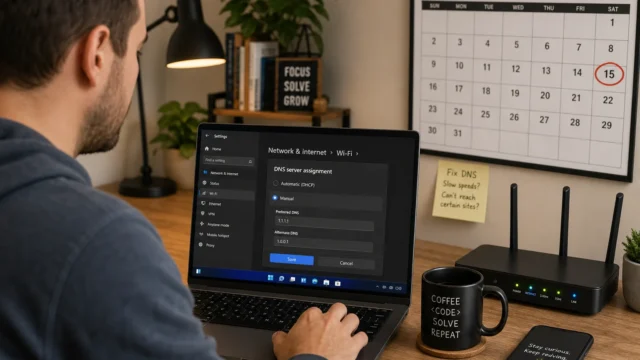 Person at a home desk adjusting DNS settings on a laptop; calendar on wall, router, mug, and smartphone nearby in a cozy workspace.
