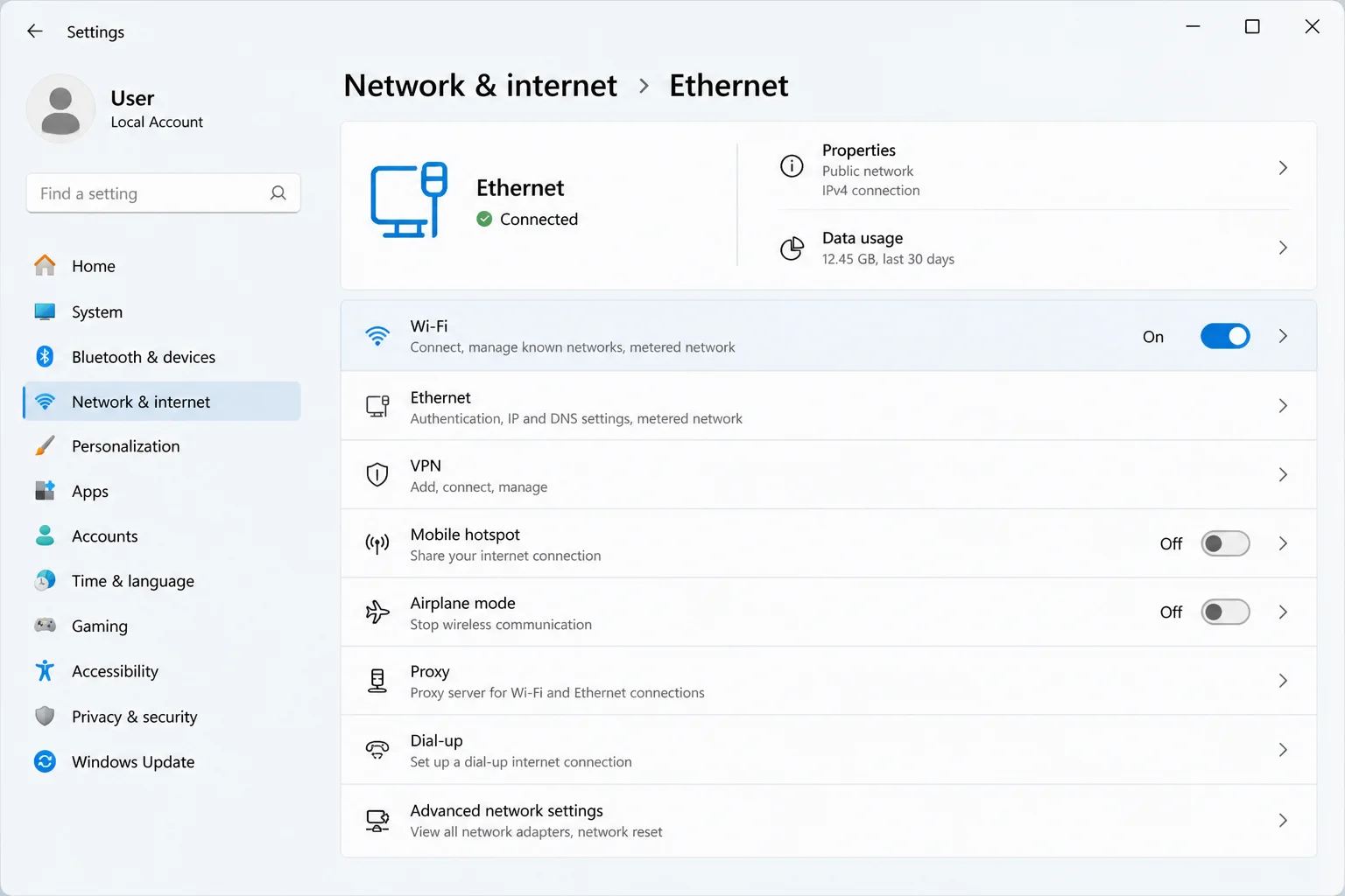 Windows 11 Settings > Network & internet showing the active Wi-Fi or Ethernet connection