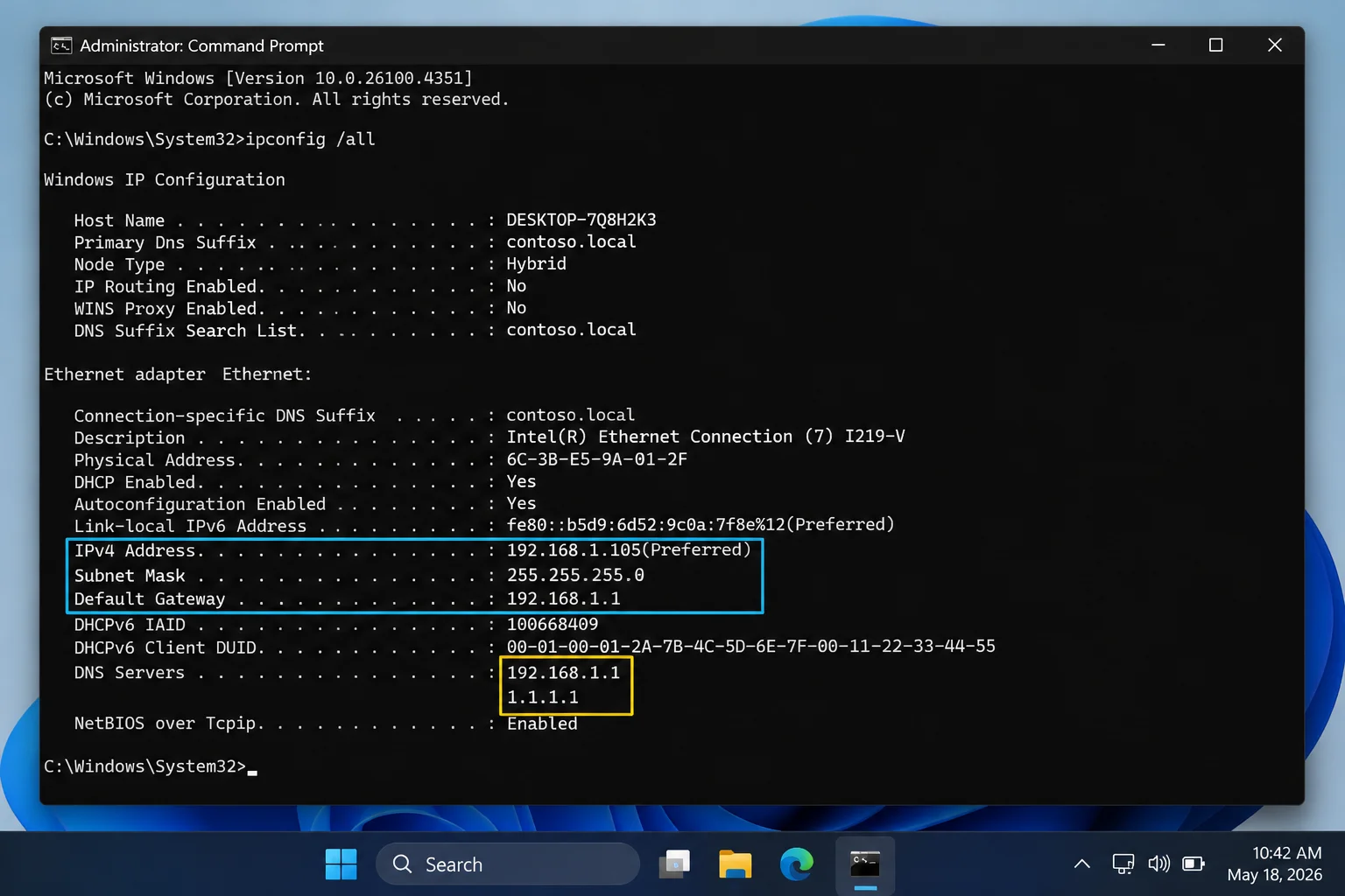Command Prompt ipconfig /all output with the active adapter and DNS Servers entries highlighted