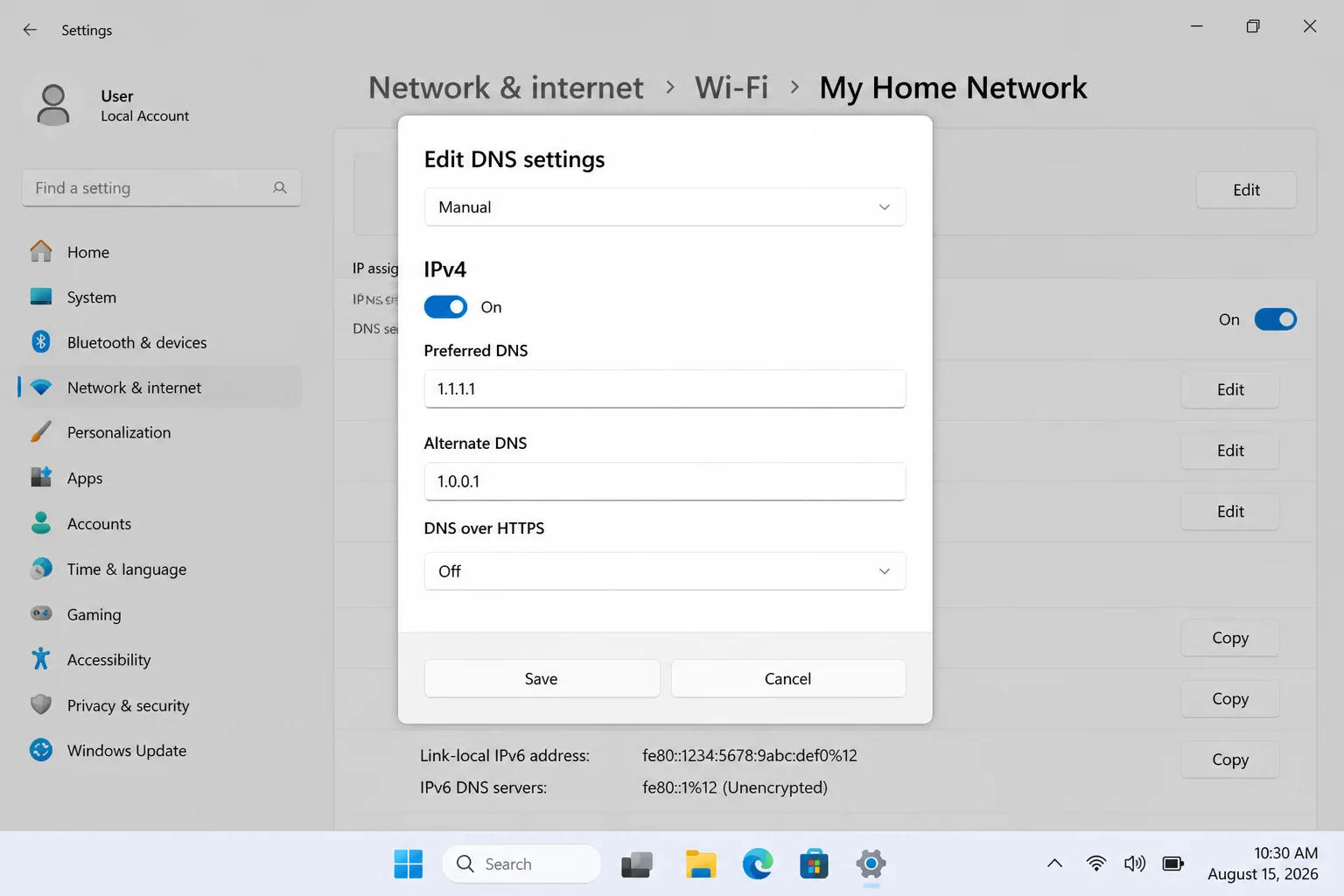 Windows 11 Edit DNS settings dialog with Manual and IPv4 enabled, Preferred DNS and Alternate DNS completed, and DNS over HTTPS options visible