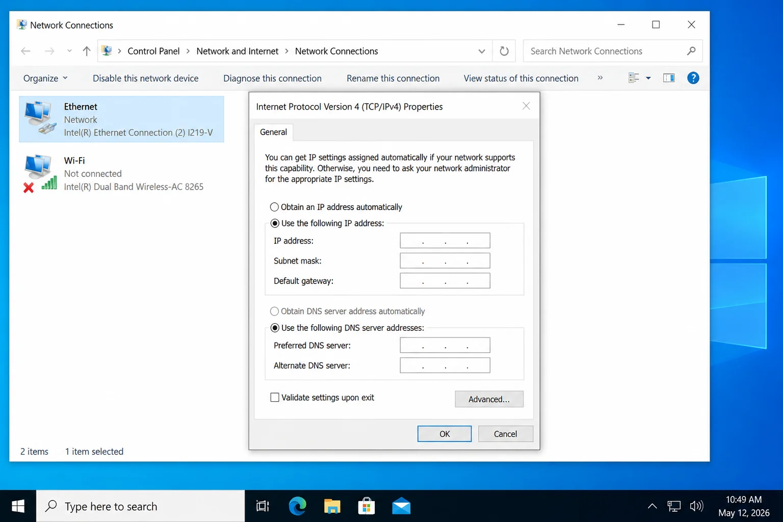 Network Connections window with an active adapter selected and Internet Protocol Version 4 TCP/IPv4 visible in its Properties dialog