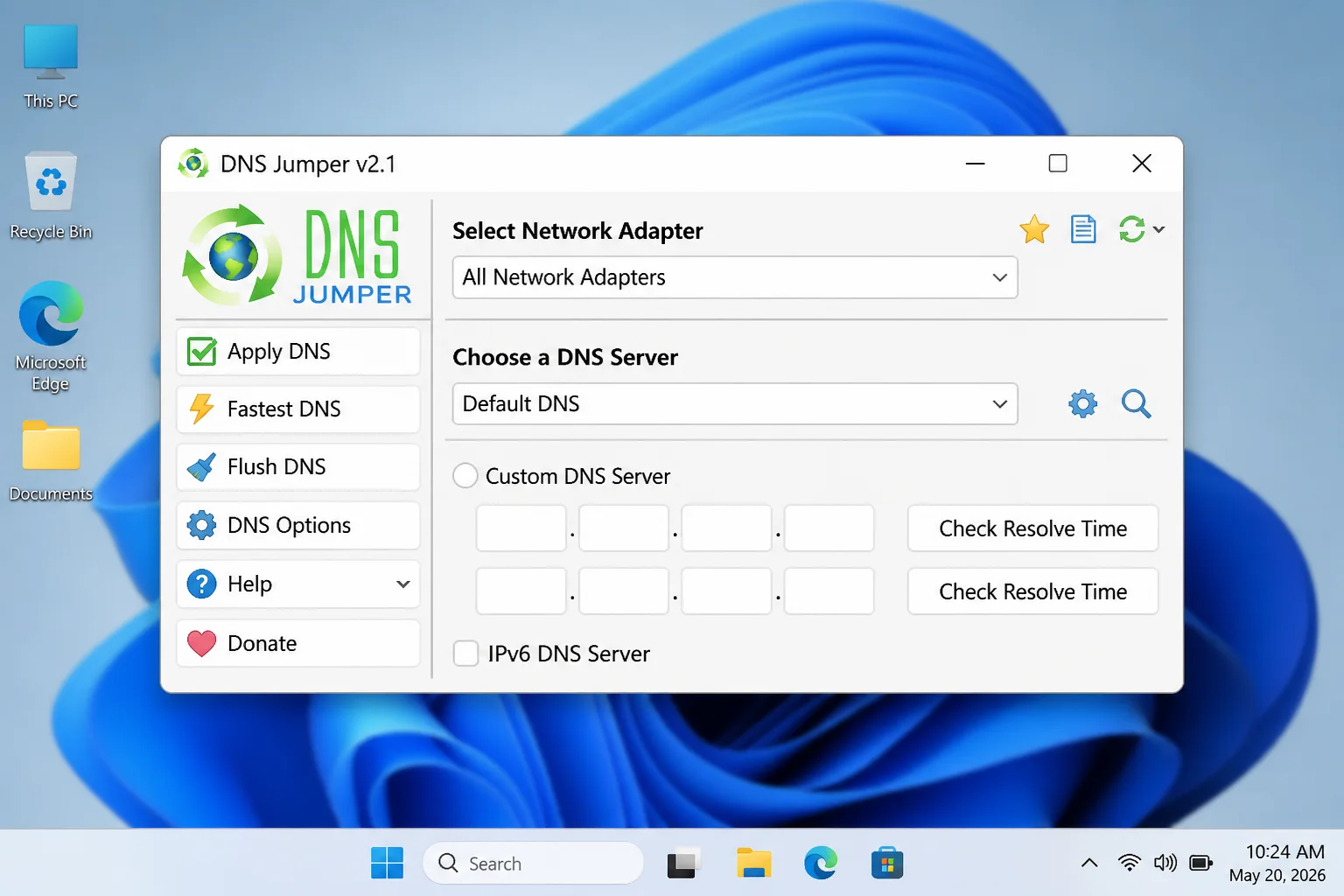 Current DNS Jumper window with the active network adapter selector and DNS provider list visible