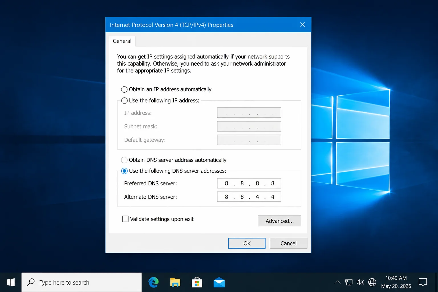 Current DNS Changer Desktop window showing the active Windows network connection and available DNS provider choices
