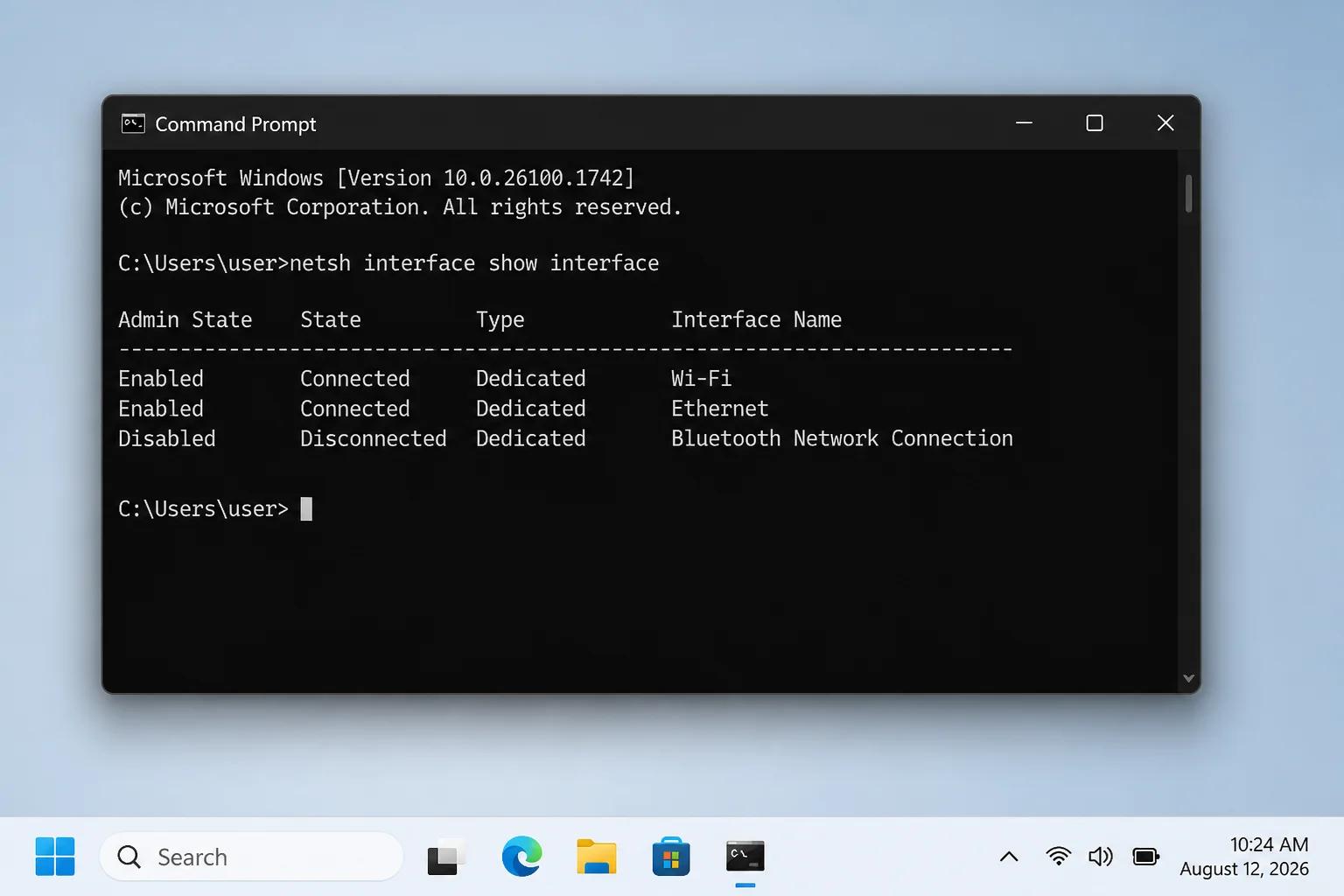 Administrator Command Prompt showing netsh interface show interface output with Wi-Fi and Ethernet interface names