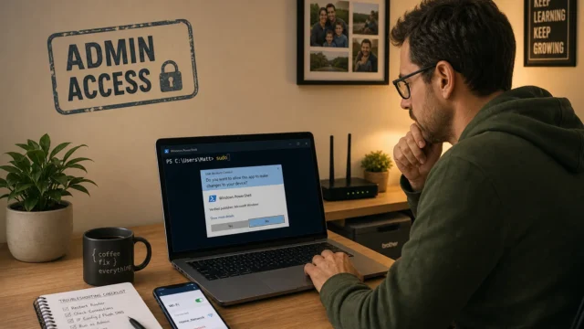 Person at a desk using a laptop showing a Windows PowerShell prompt about admin access; wall sign reads 'ADMIN ACCESS' nearby.