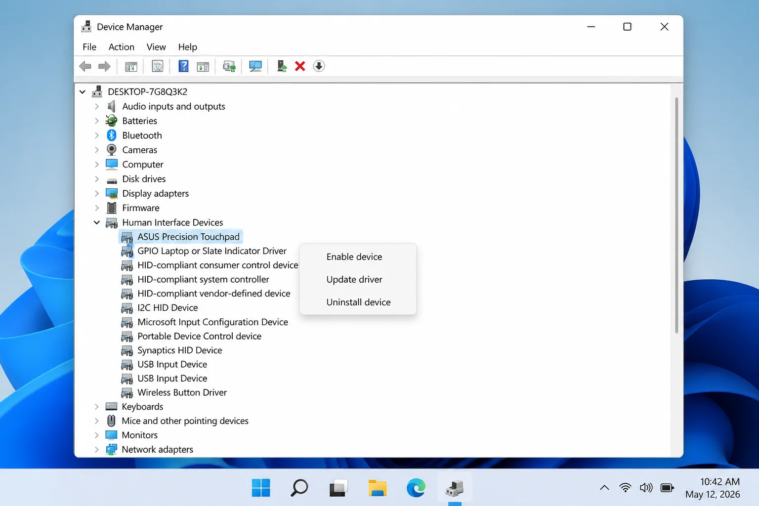 Device Manager window with Human Interface Devices expanded, showing the ASUS Precision Touchpad entry and its right-click context menu with Enable device, Update driver, and Uninstall device options