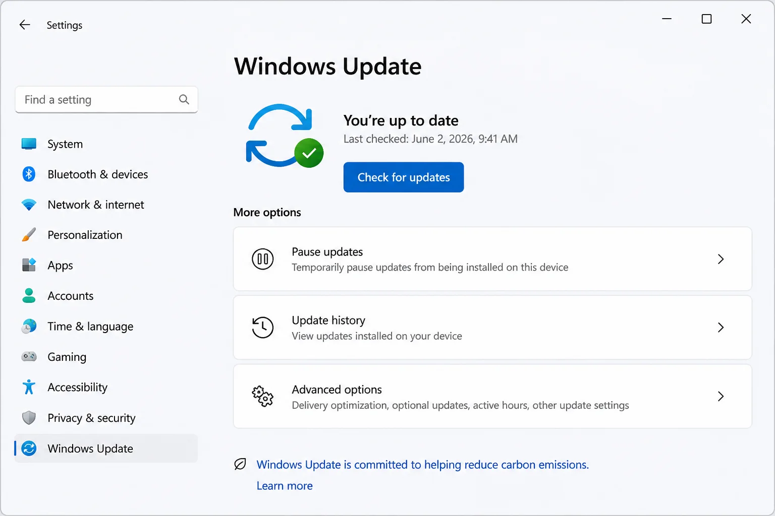 Windows 11 Settings > Windows Update page with the Check for updates button visible