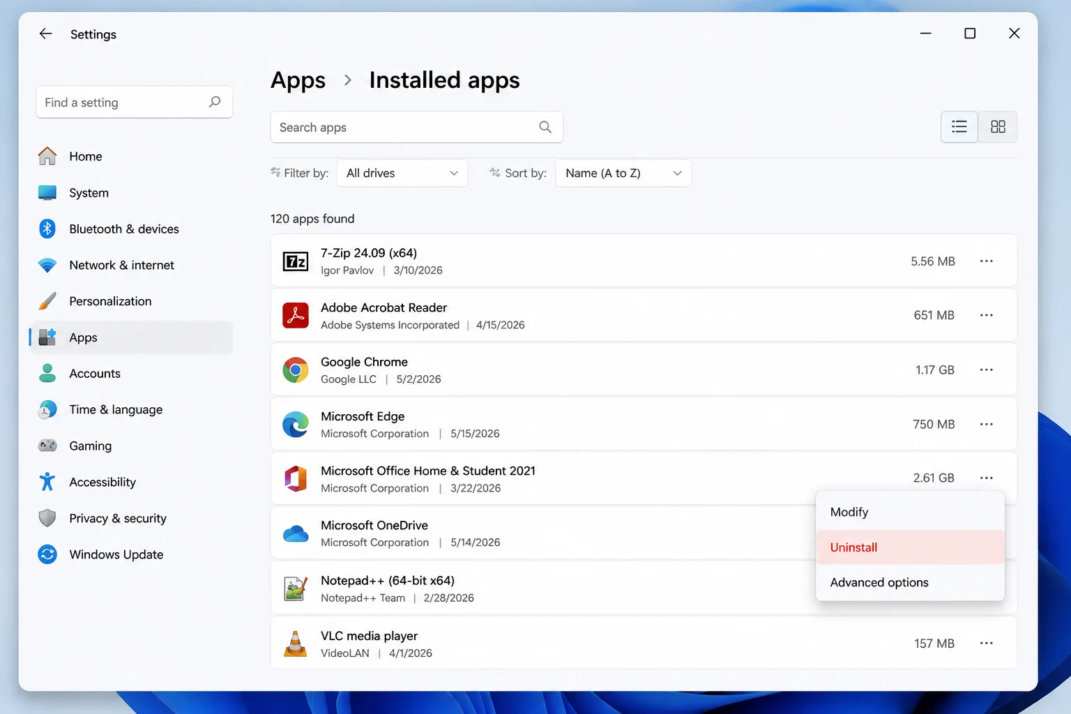 Windows 11 Settings > Apps > Installed apps list showing the search box and an app's three-dot menu with the Uninstall option highlighted