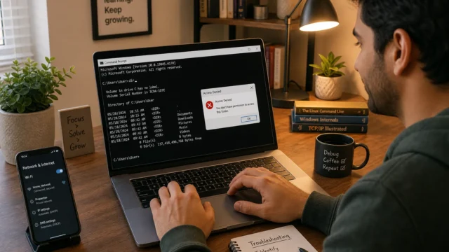 Person typing on a laptop with a Windows command prompt showing an 'Access Denied' dialog, plus a notebook labeled 'Troubleshooting' nearby.