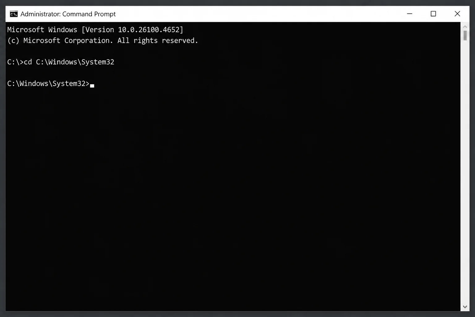 Command Prompt window showing "cd C:\Windows\System32" typed at the prompt, with the directory changing to C:\Windows\System32 on the next line