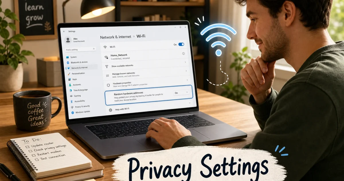 Man at a desk using a laptop that shows Network & Internet Wi‑Fi settings with a glowing Wi‑Fi illustration beside him, captioned Privacy Settings on screen edge.