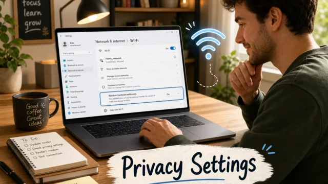 Man at a desk using a laptop that shows Network & Internet Wi‑Fi settings with a glowing Wi‑Fi illustration beside him, captioned Privacy Settings on screen edge.