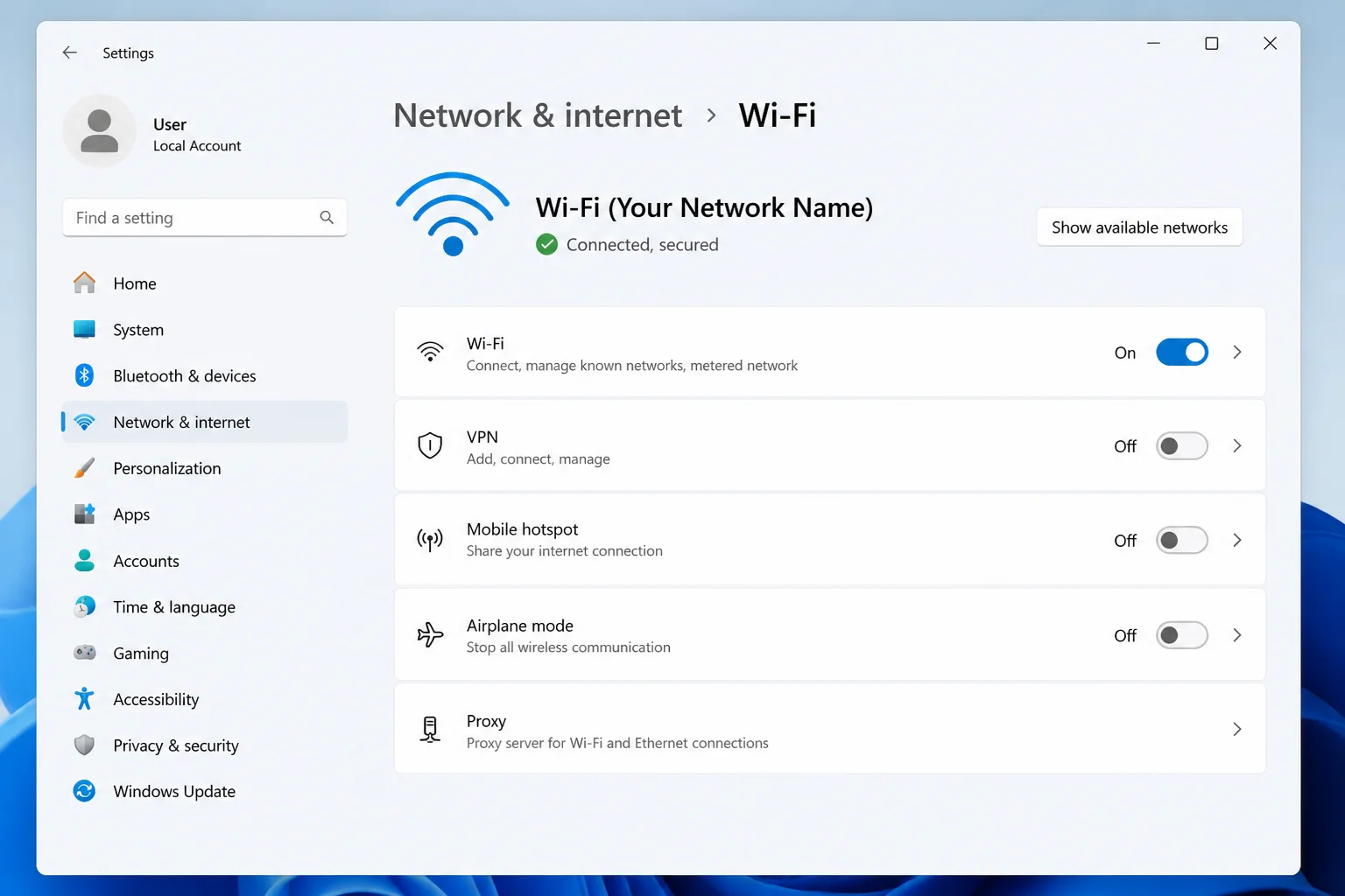 Windows 11 Settings > Network & internet > Wi-Fi with the Wi-Fi settings page visible