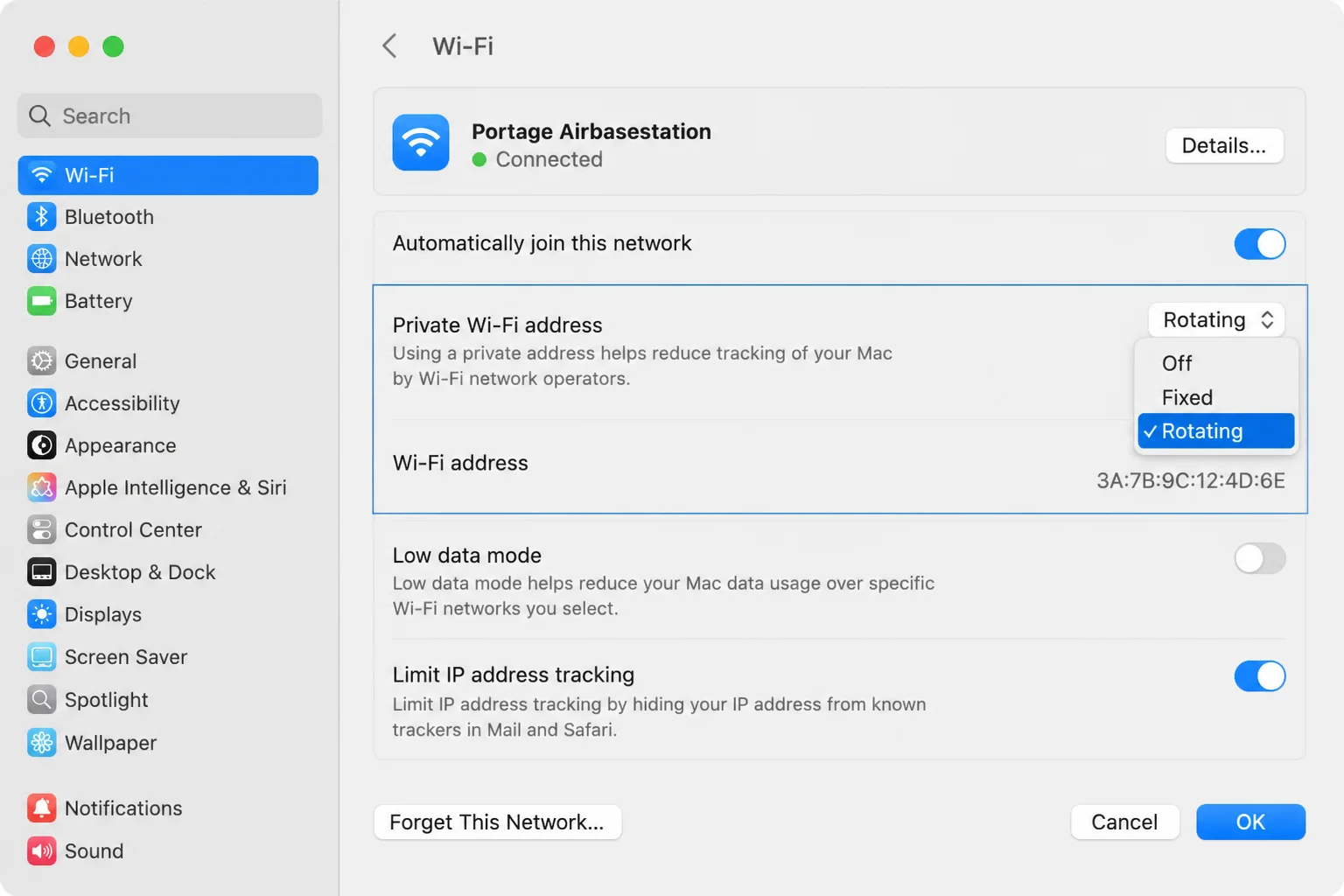 macOS Wi-Fi network Details showing Private Wi-Fi Address options Off, Fixed, and Rotating