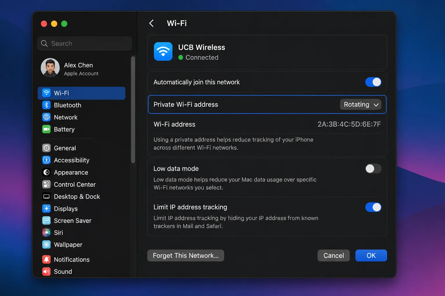 macOS Wi-Fi network Details showing the active Wi-Fi address and Private Wi-Fi Address setting