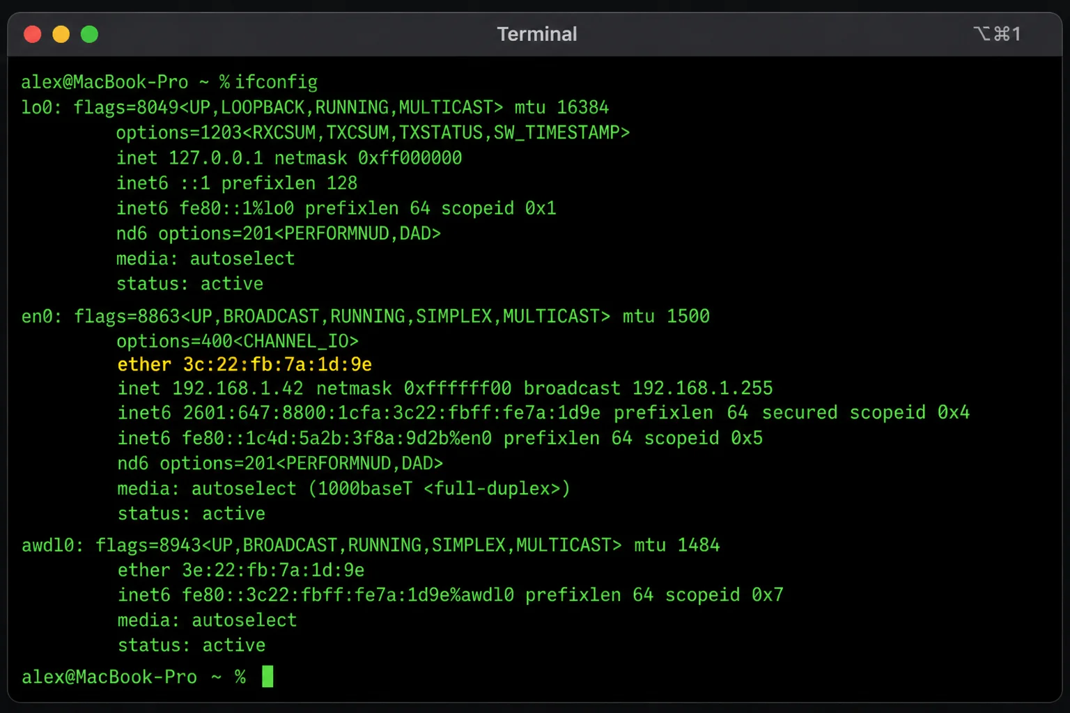 macOS Terminal showing ifconfig output with the active interface and ether address highlighted