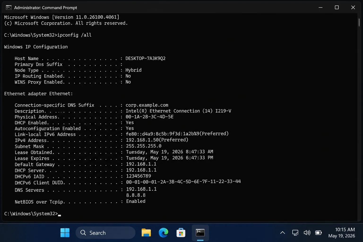 Windows 11 Command Prompt showing a network adapter's 12-digit Physical Address in ipconfig /all output