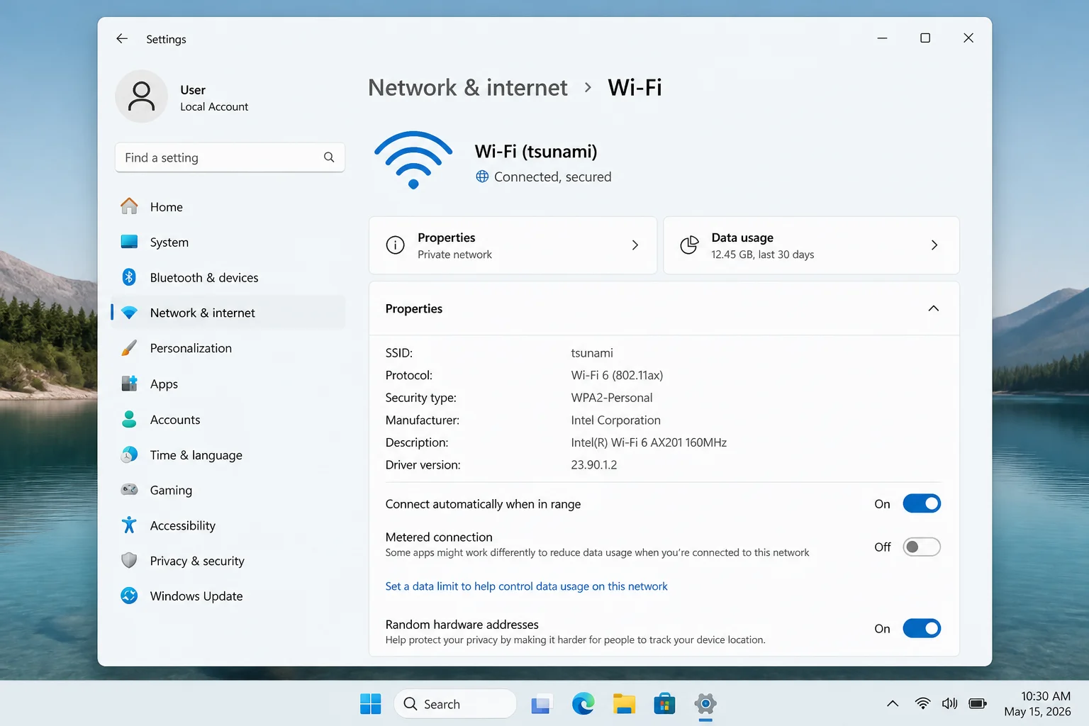 Windows 11 Wi-Fi settings showing the properties entry for the connected network
