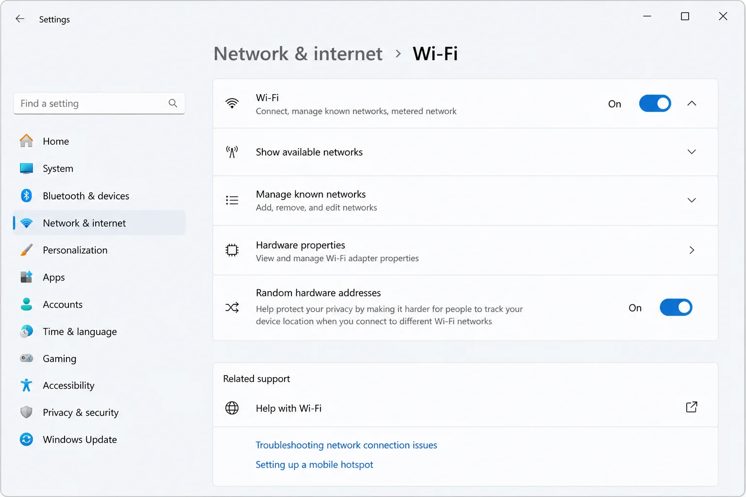Windows 11 Wi-Fi network properties with Random hardware addresses turned on