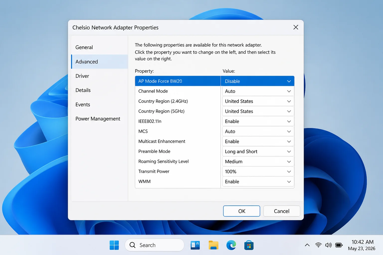 Network adapter Properties window on the Advanced tab