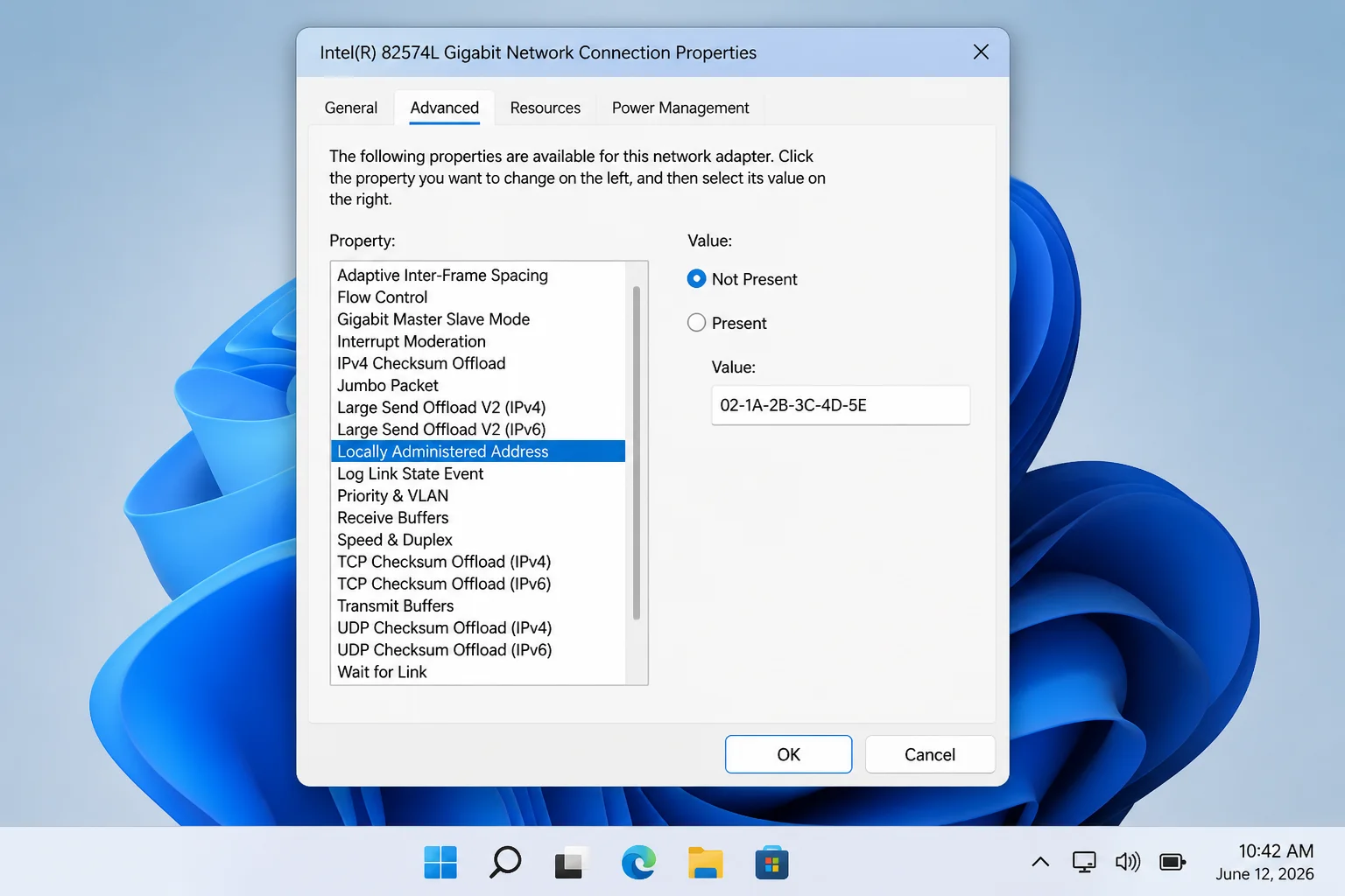 Network adapter Advanced properties with Network Address or Locally Administered Address selected