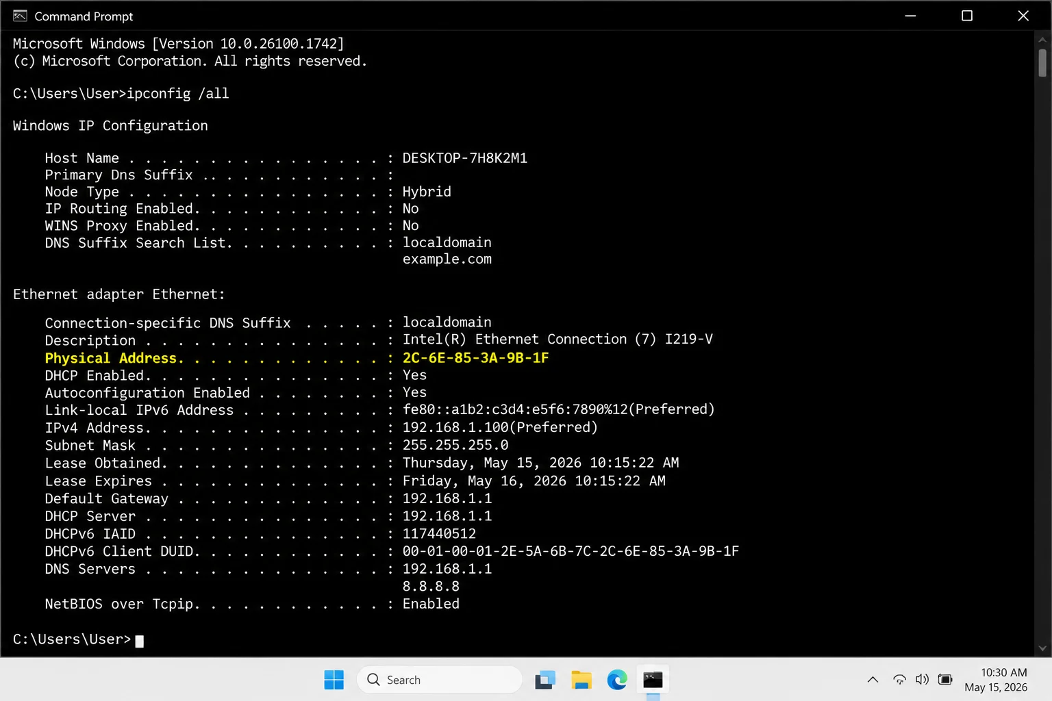 Command Prompt showing ipconfig /all output with the active network adapter's Physical Address highlighted