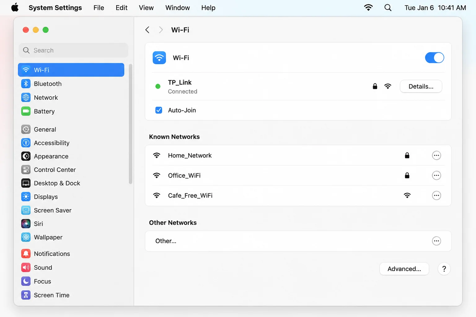 macOS System Settings > Wi-Fi with the connected network visible