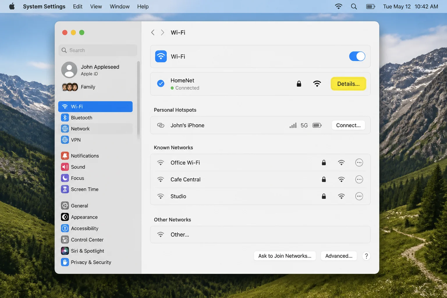 macOS Wi-Fi settings with the Details button highlighted beside the connected network
