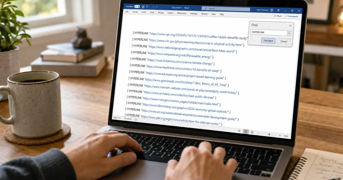 Person typing on a laptop at a wooden desk, a Word document with many hyperlinks visible on screen