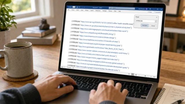 Person typing on a laptop at a wooden desk, a Word document with many hyperlinks visible on screen