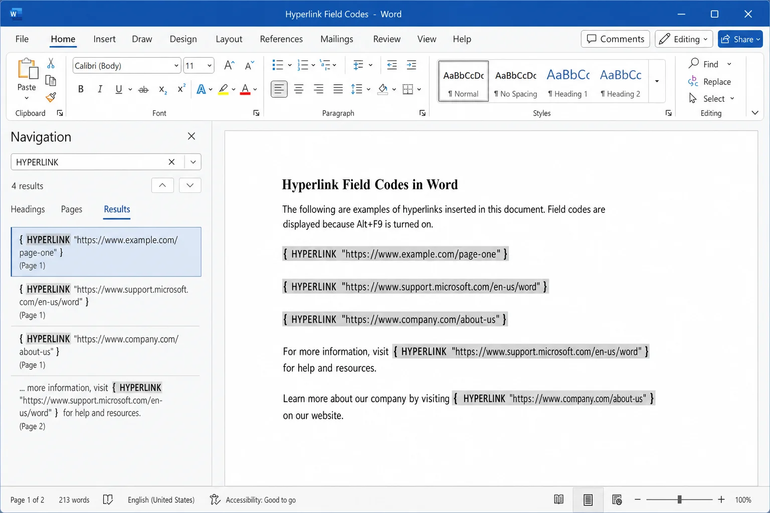 Word document with Alt+F9 field codes visible, showing HYPERLINK fields with raw URLs, and the Navigation pane open with "HYPERLINK" entered in the search box