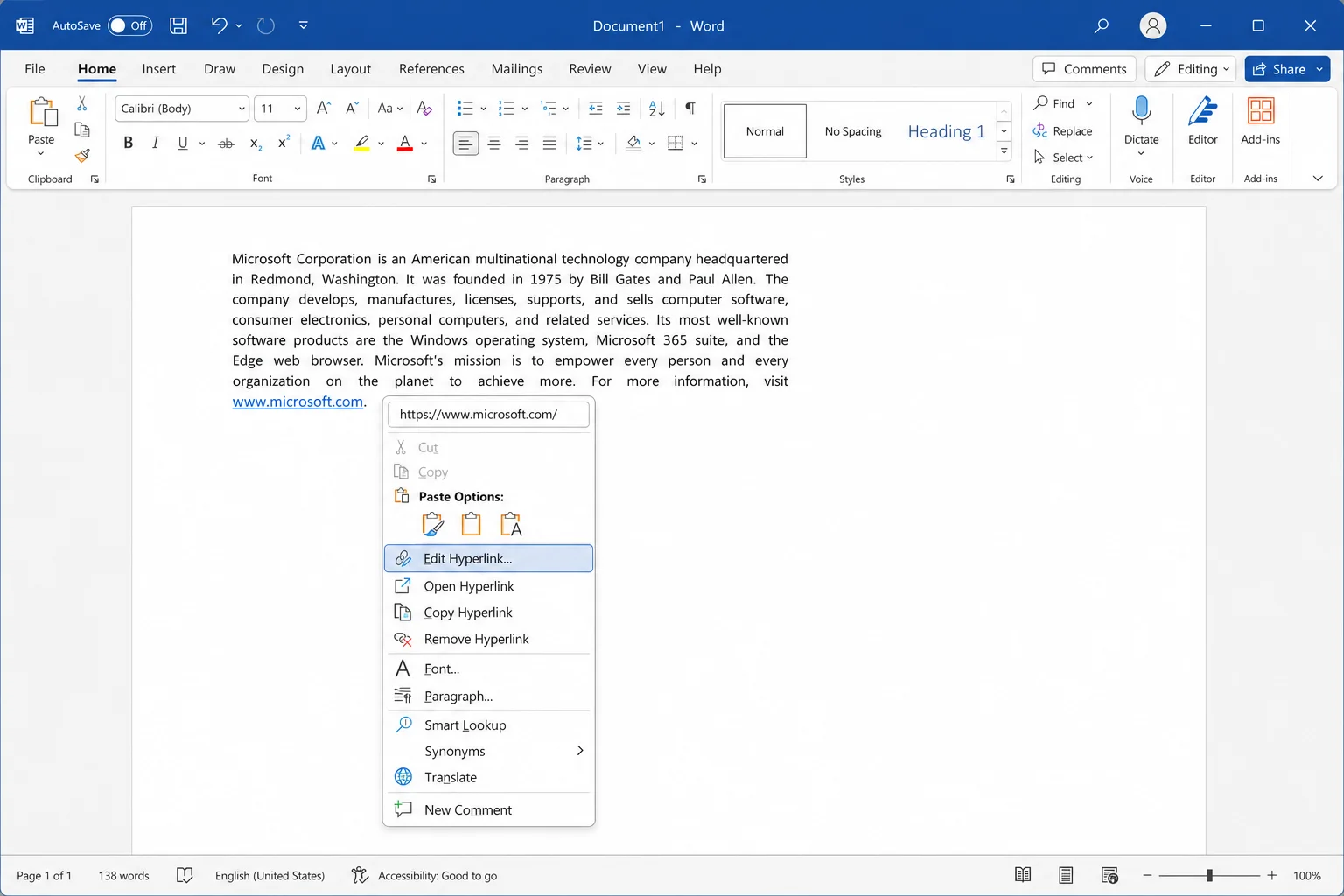 Right-click context menu on a hyperlink in Word showing "Edit Hyperlink" option highlighted