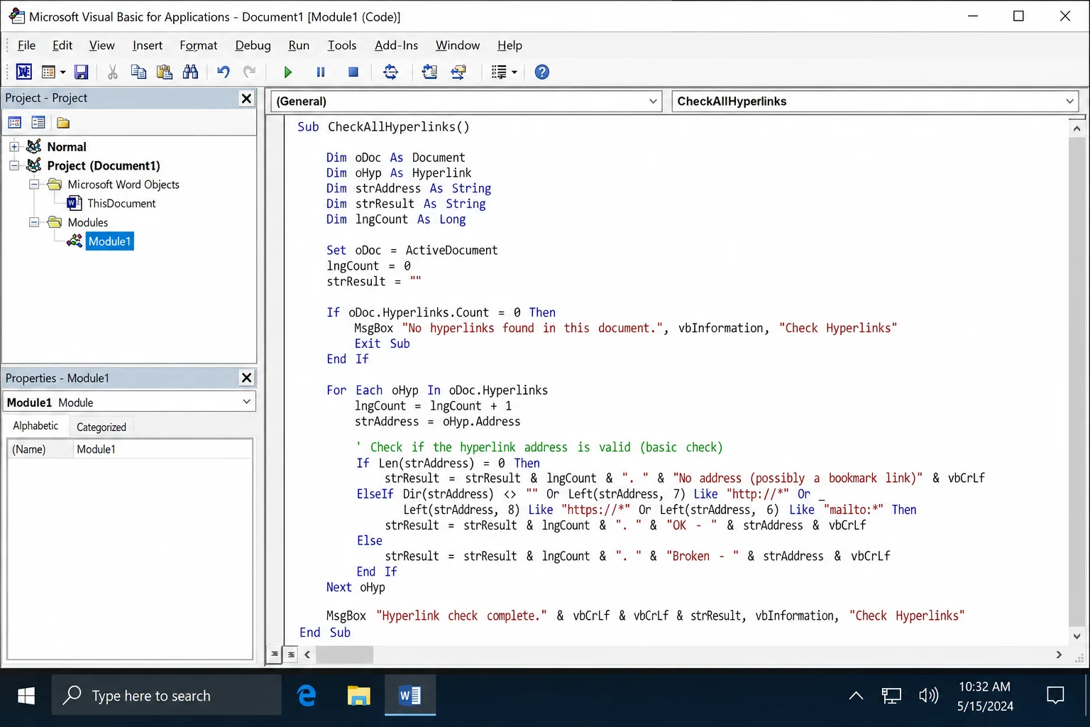 VBA editor (Alt+F11) with a new module open and the CheckAllHyperlinks macro pasted in, ready to run