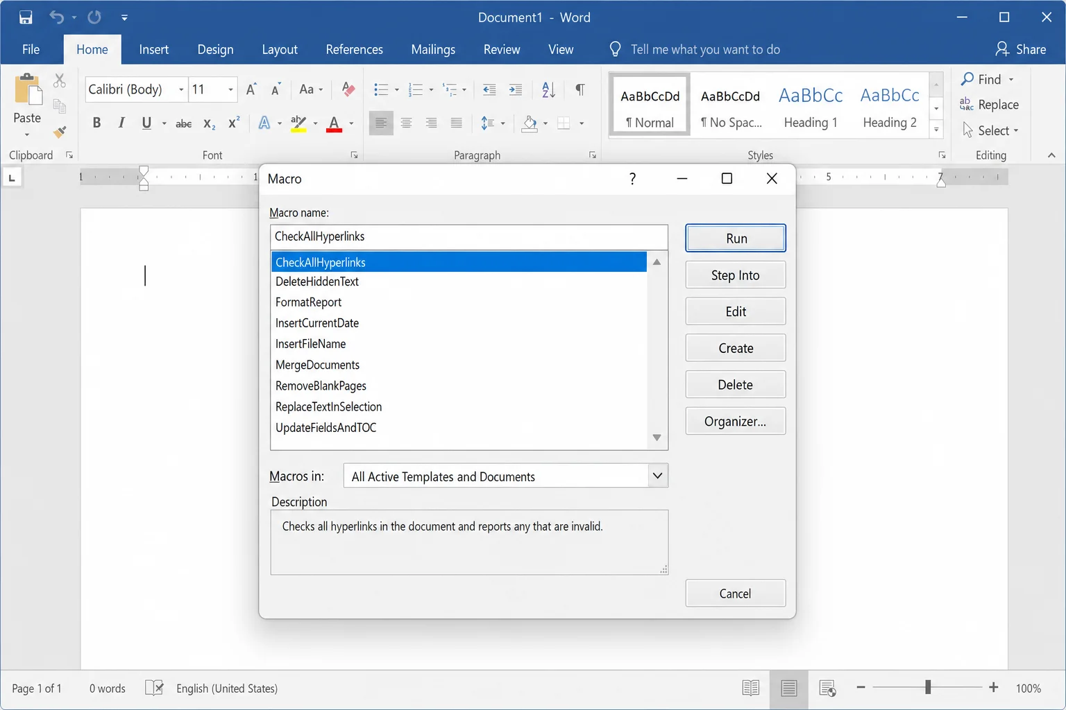Alt+F8 macro dialog with CheckAllHyperlinks selected and the Run button highlighted