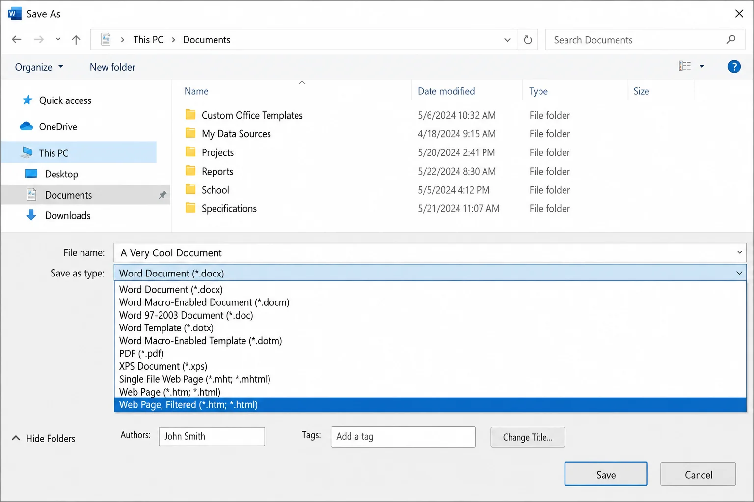 Word File > Save As dialog with "Web Page (Filtered)" selected as the file format