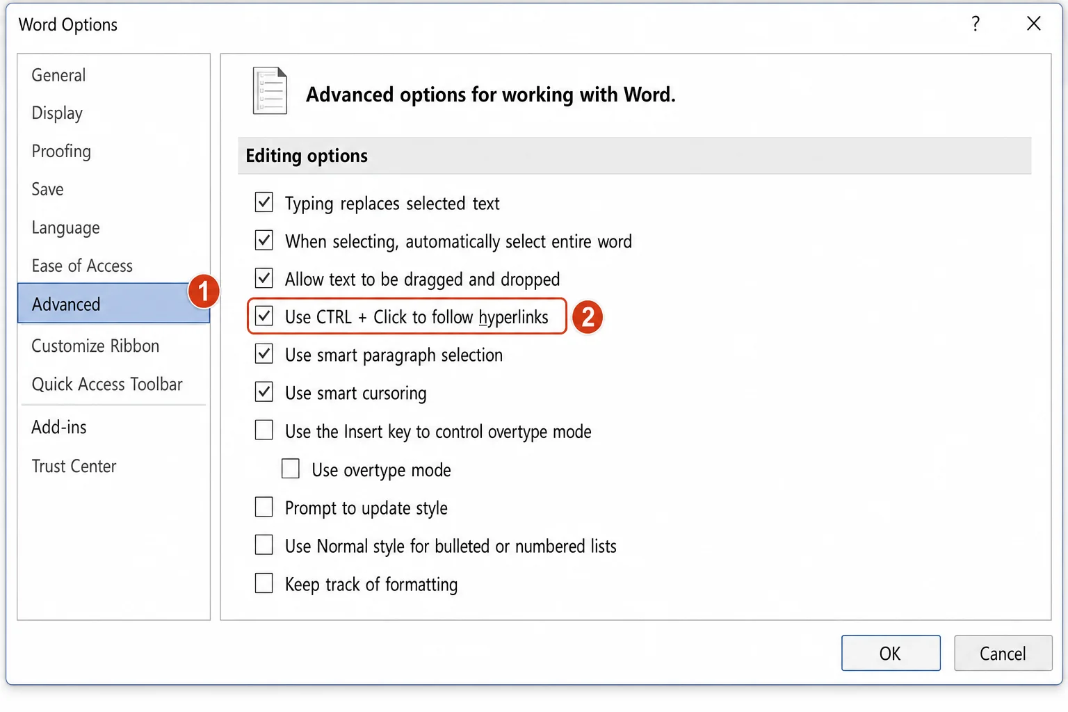 Word Options > Advanced with "Use Ctrl + Click to follow hyperlink" checkbox visible under Editing options