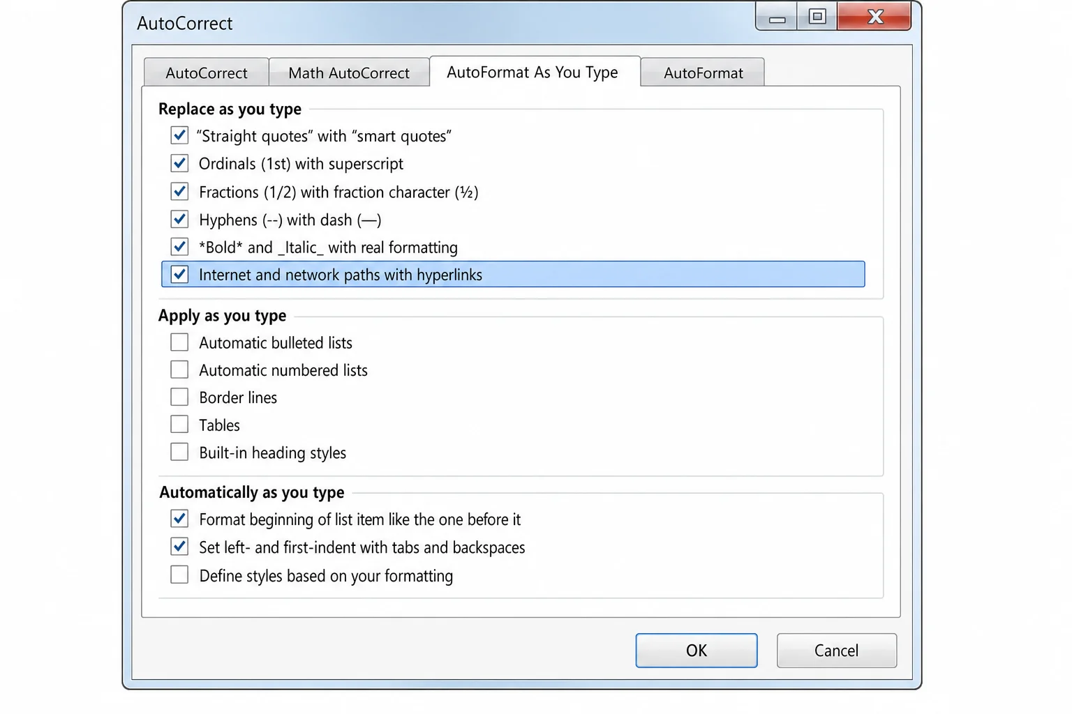 Word AutoCorrect Options dialog on the AutoFormat As You Type tab with "Internet and network paths with hyperlinks" checkbox checked