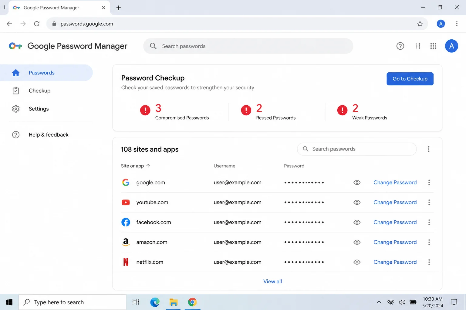 Google Password Manager overview showing the saved passwords list and the Password Checkup feature