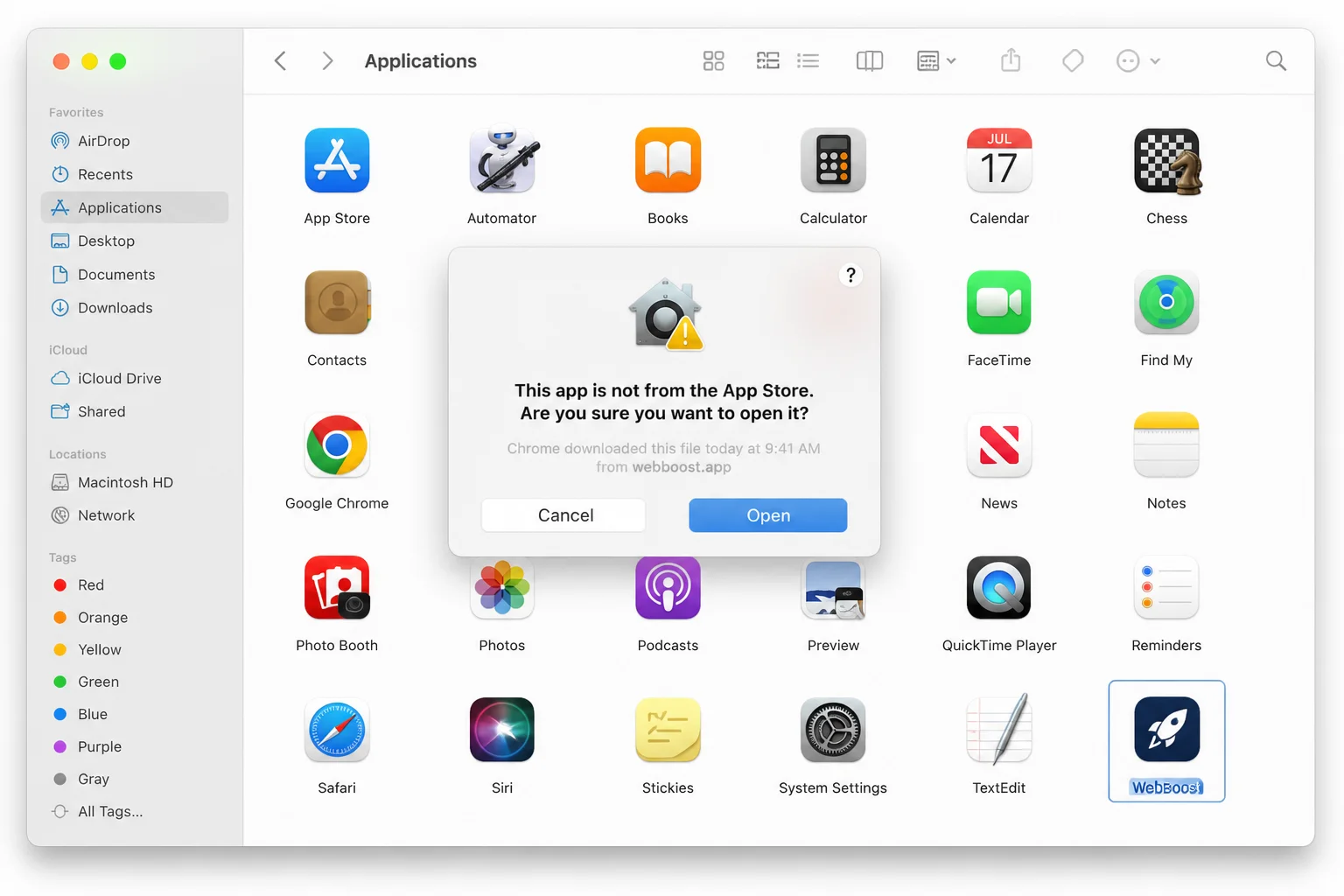 macOS Applications folder showing an installed third-party app that may have bundled a Chrome extension, for uninstalling the parent app