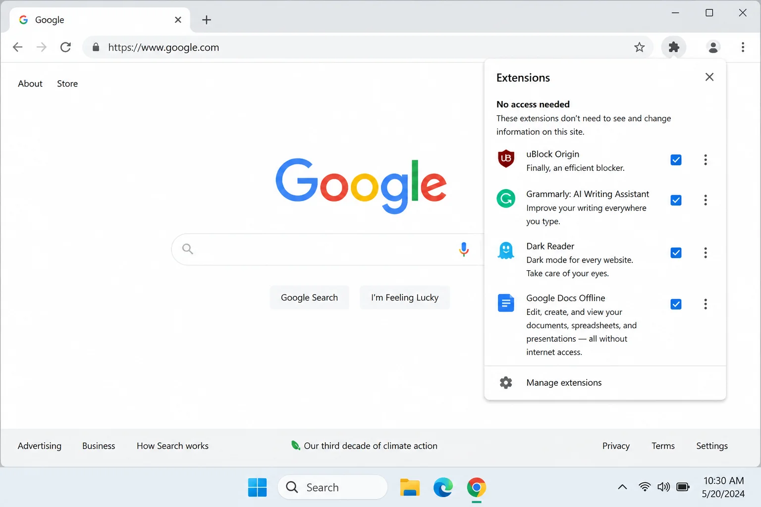 Puzzle-piece toolbar icon dropdown showing active extensions and the "Manage extensions" link, entry_url=chrome://extensions