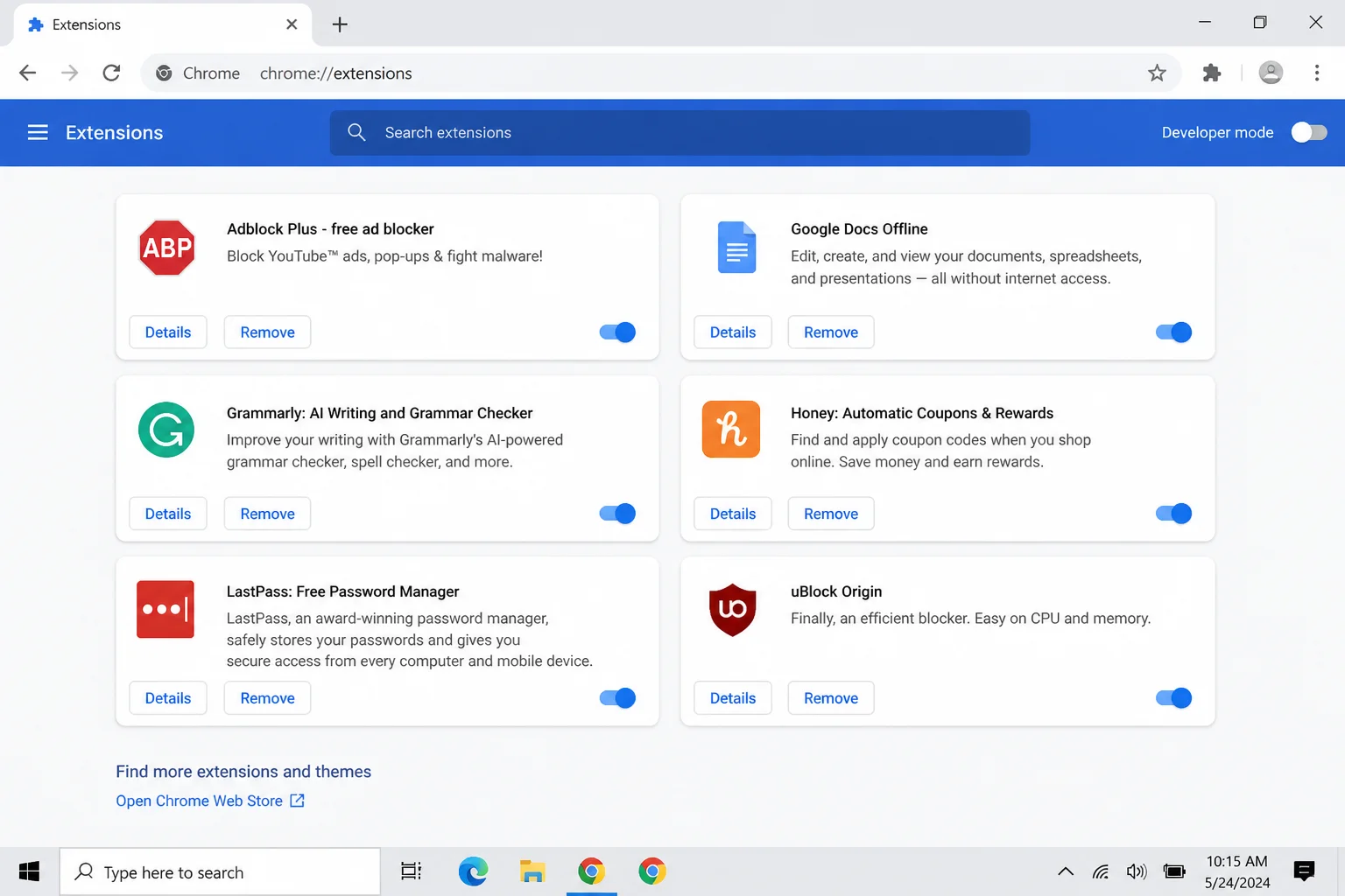 Full chrome://extensions page listing installed extensions with toggle switches and Details/Remove buttons visible, entry_url=chrome://extensions