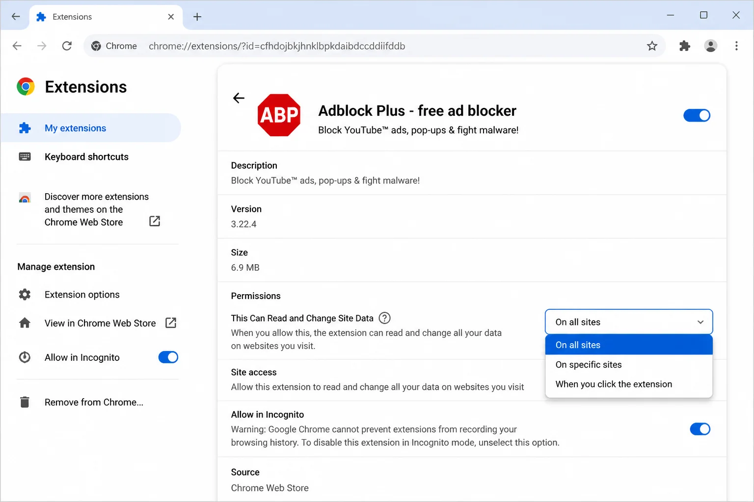 Extension Details view showing the Permissions list and Site access options (On all sites, On specific sites, On click), entry_url=chrome://extensions