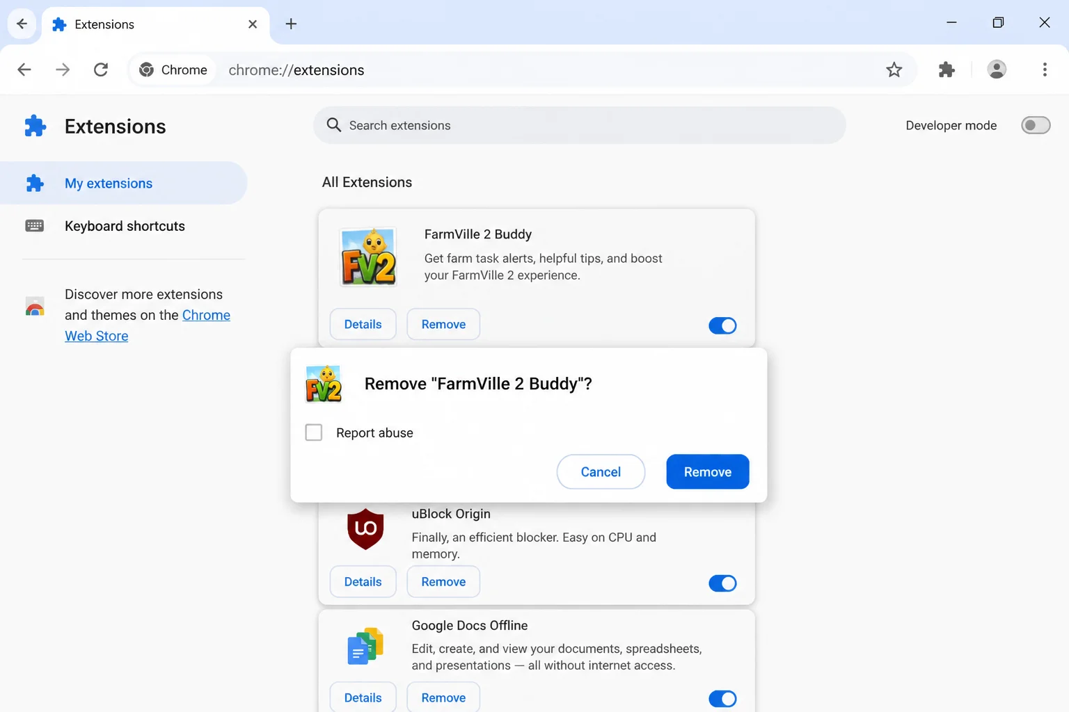 Remove confirmation dialog for a Chrome extension after clicking the Remove button on chrome://extensions, entry_url=chrome://extensions