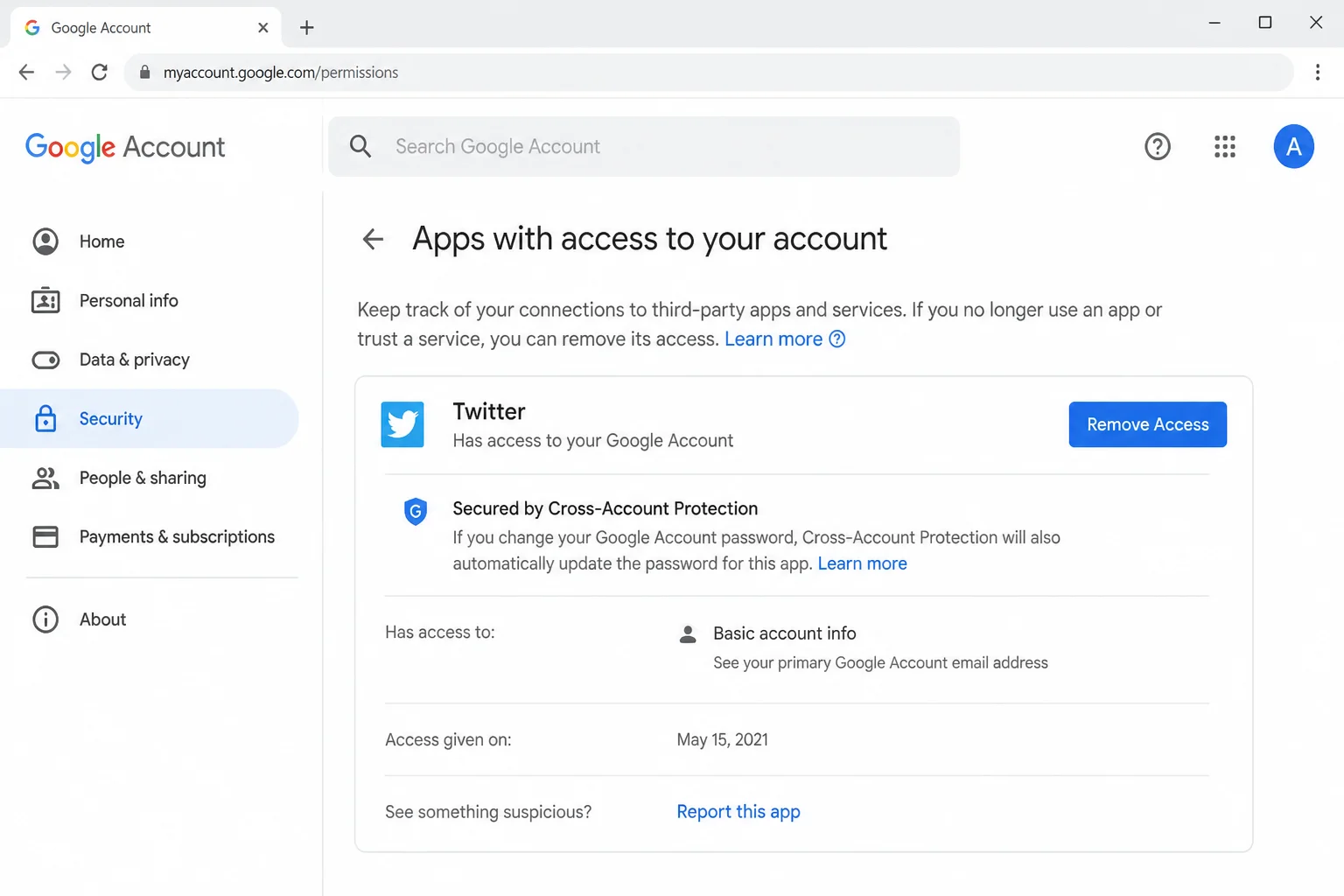 Google Account Third-party apps & services page listing connected apps with a Remove Access option highlighted