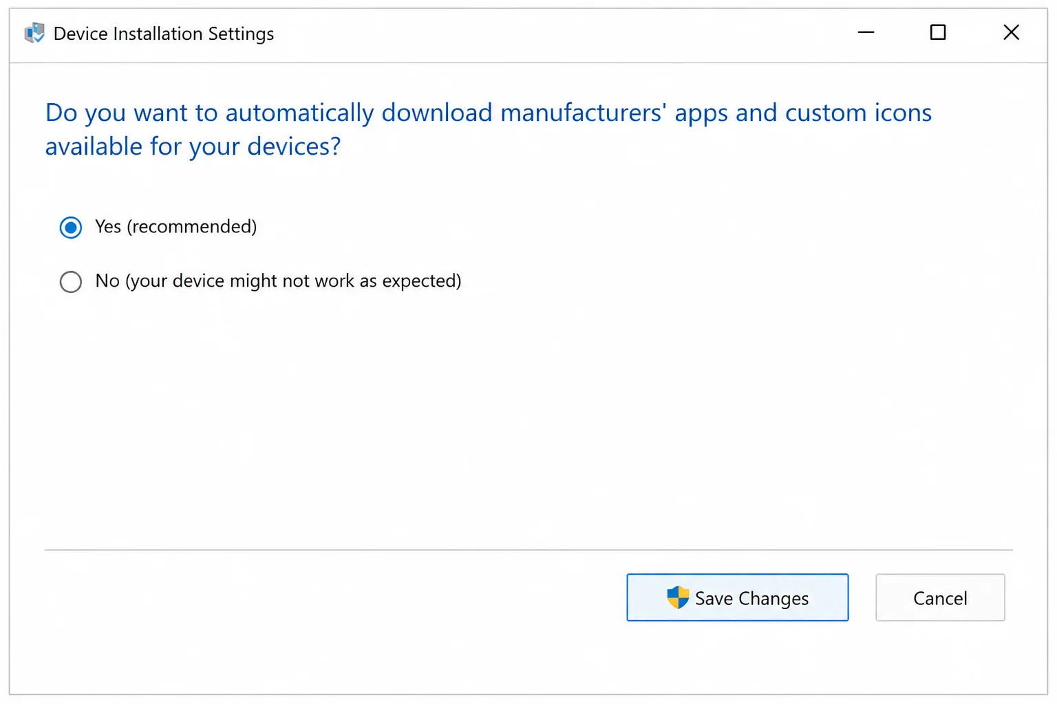 Device Installation Settings dialog used to restore automatic driver delivery, with Yes and Save Changes highlighted
