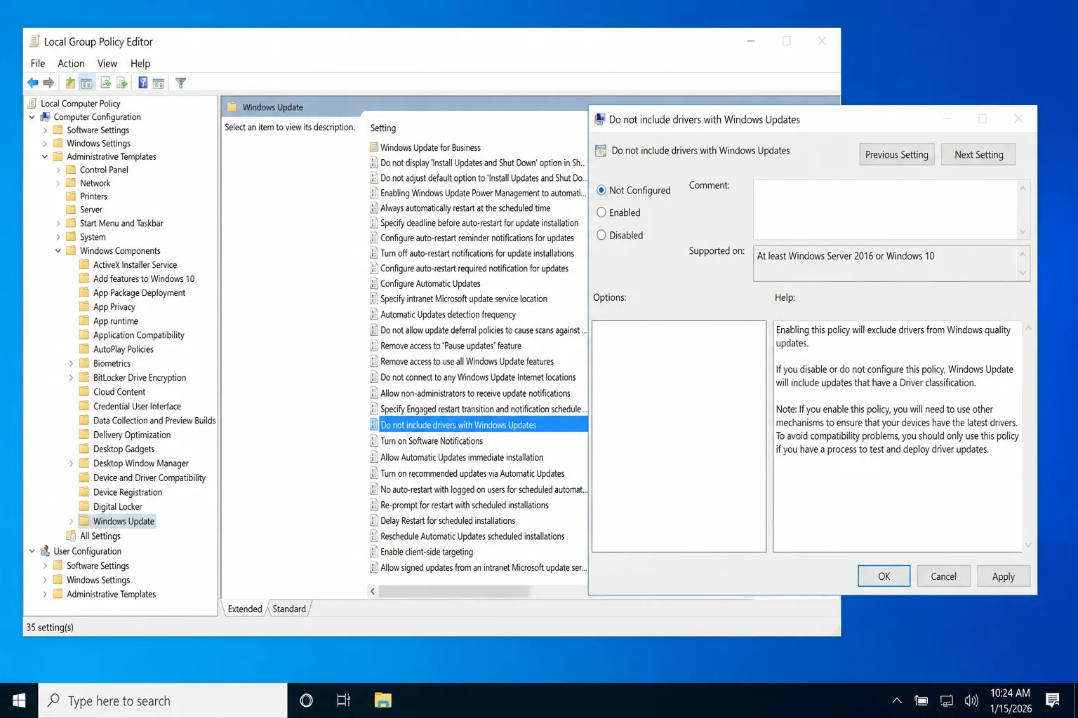 Do not include drivers with Windows Updates policy dialog used to restore driver delivery, with Not Configured highlighted