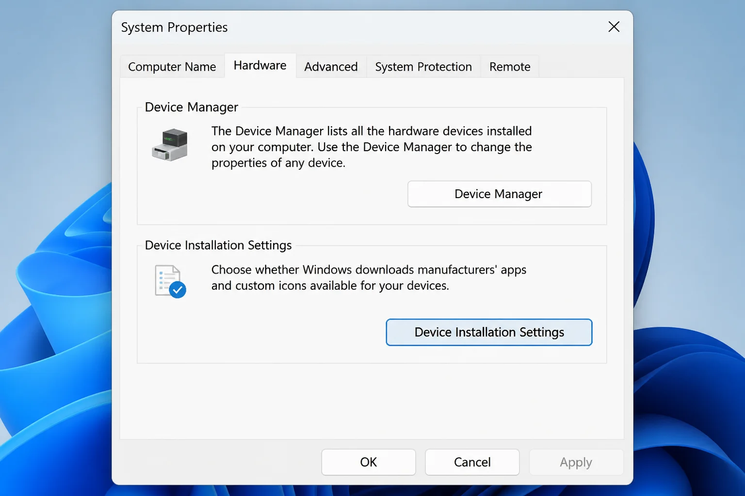 System Properties with the Hardware tab selected and the Device Installation Settings button highlighted