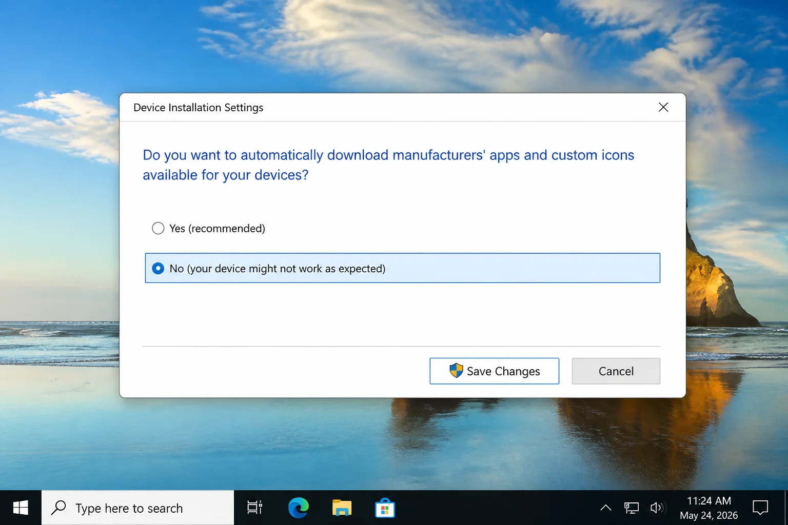 Device Installation Settings dialog showing both Yes and No (your device might not work as expected), with No and Save Changes highlighted