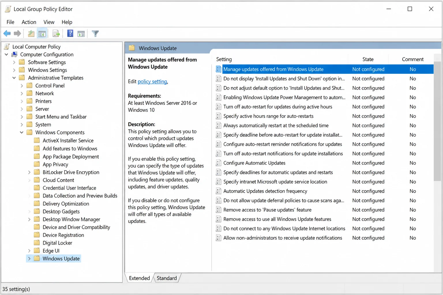 Local Group Policy Editor showing Computer Configuration, Administrative Templates, Windows Components, Windows Update, and Manage updates offered from Windows Update highlighted