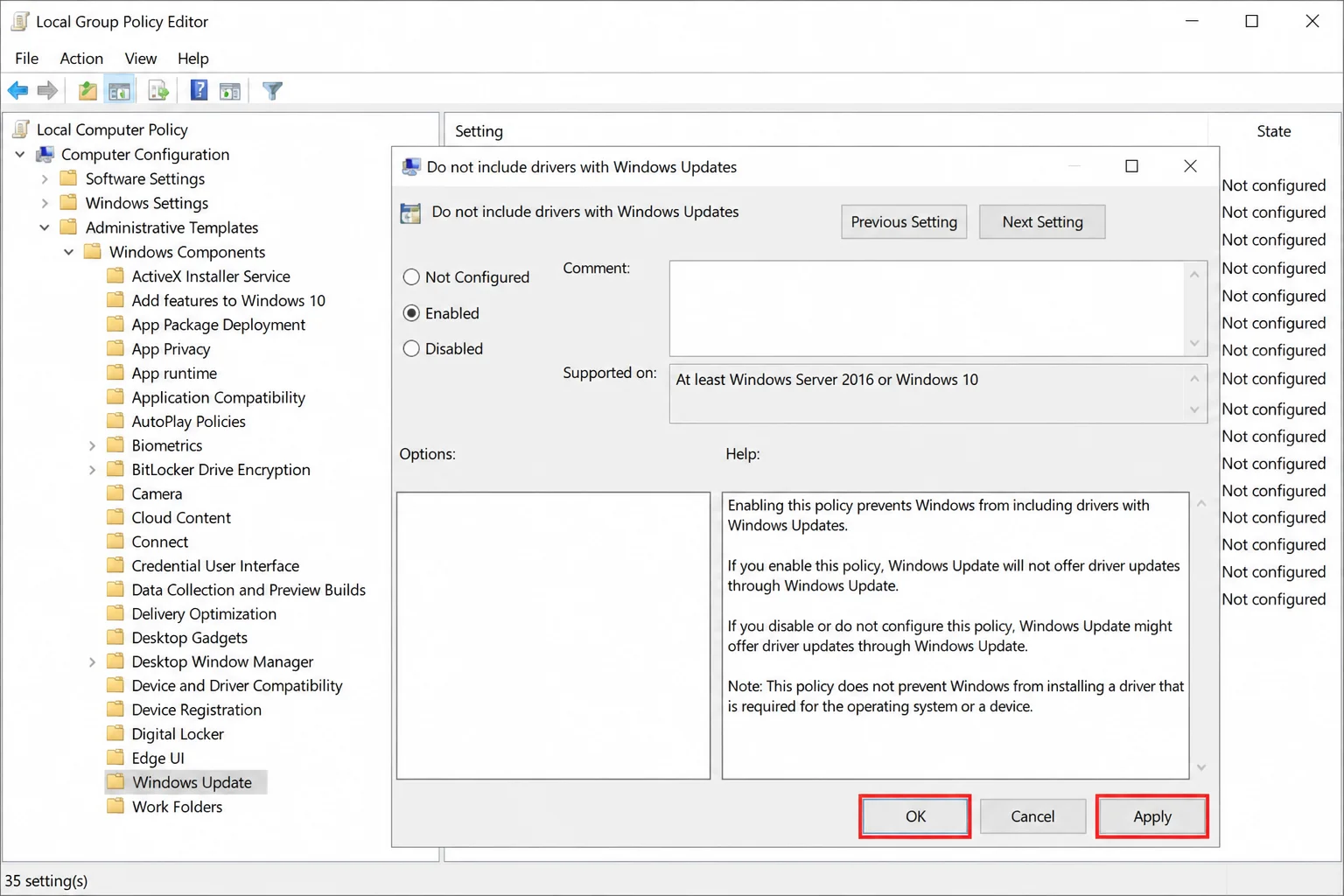 Do not include drivers with Windows Updates policy dialog with Enabled selected and Apply and OK highlighted